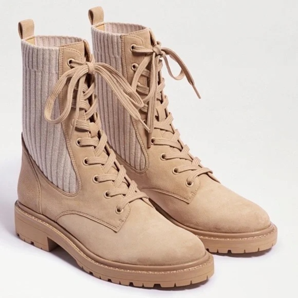 Sam Edelman Lydell Knit Lace Up Suede Leather Combat Boots Tan Size 7.5